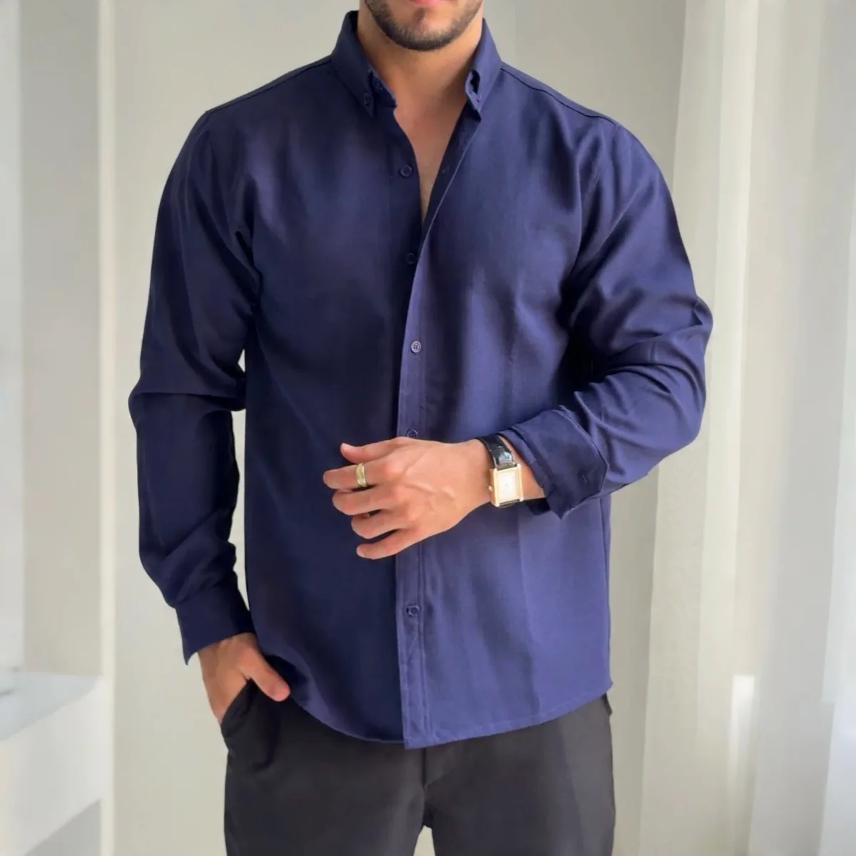 Camisa Manga Larga Lino Egipcian Azul Marino