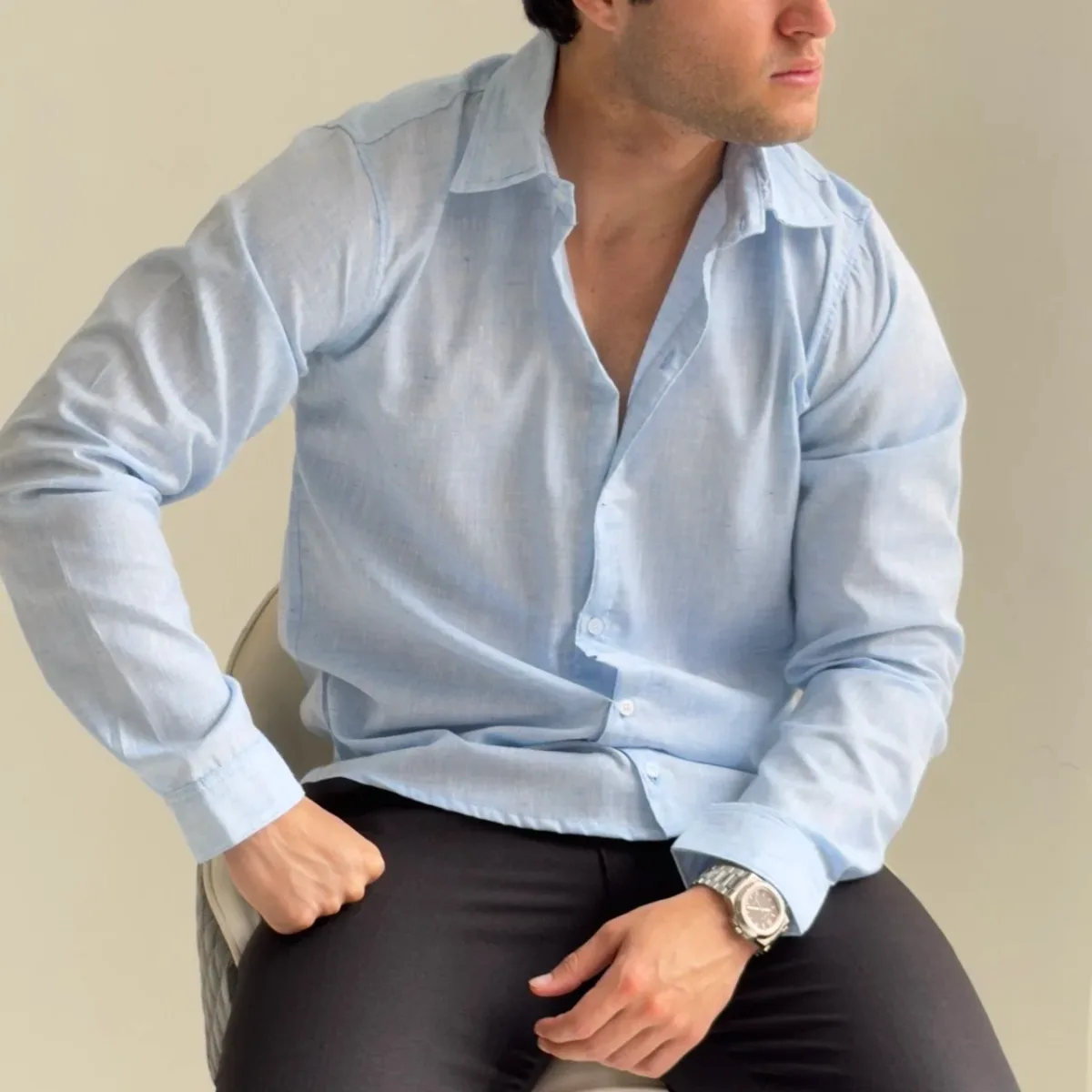 Camisa Lino Italian New Collection Manga Larga Azul Cielo